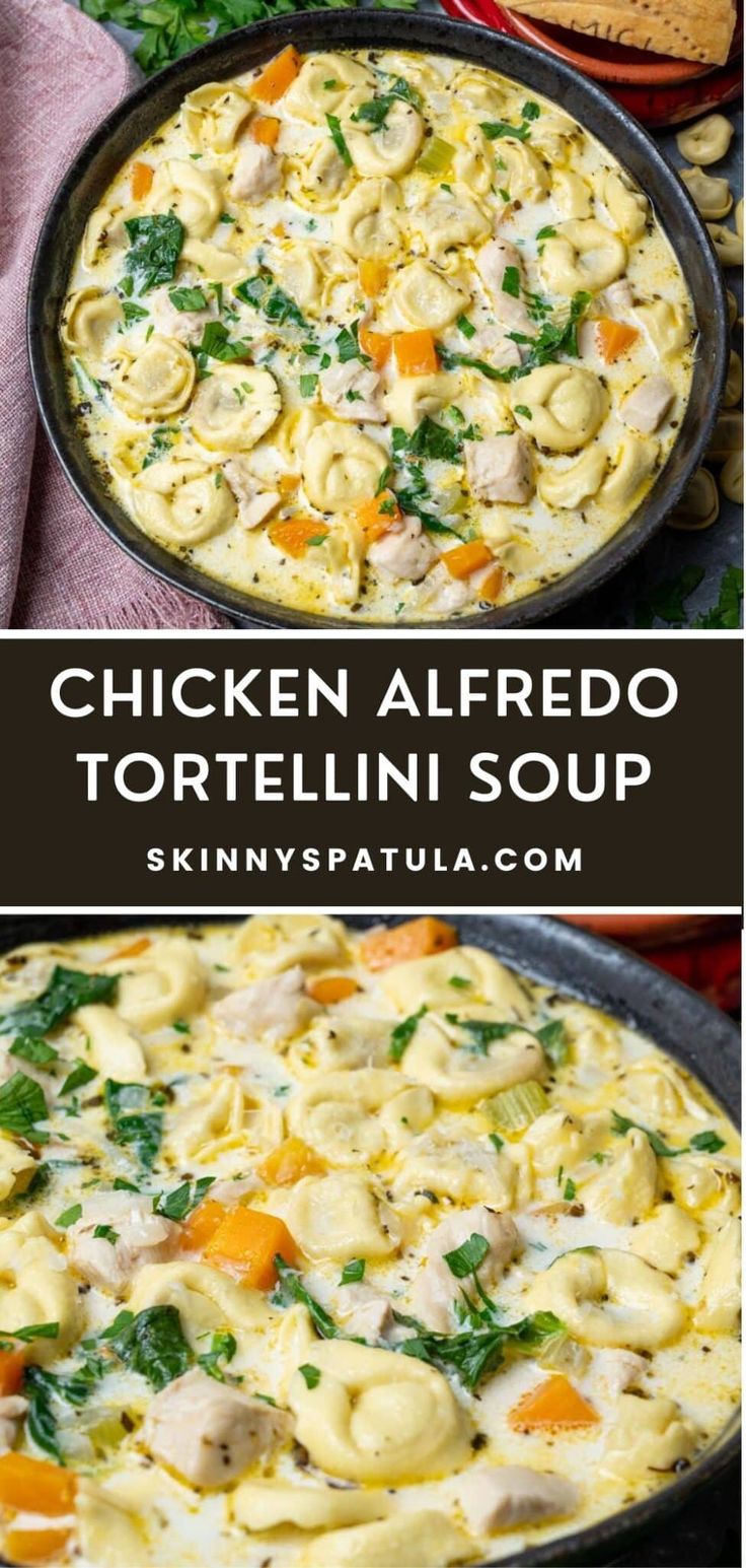 chicken alfredo tortellini soup in a skillet