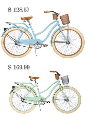 two different types of bicycles are shown in the same color and size, one is light blue