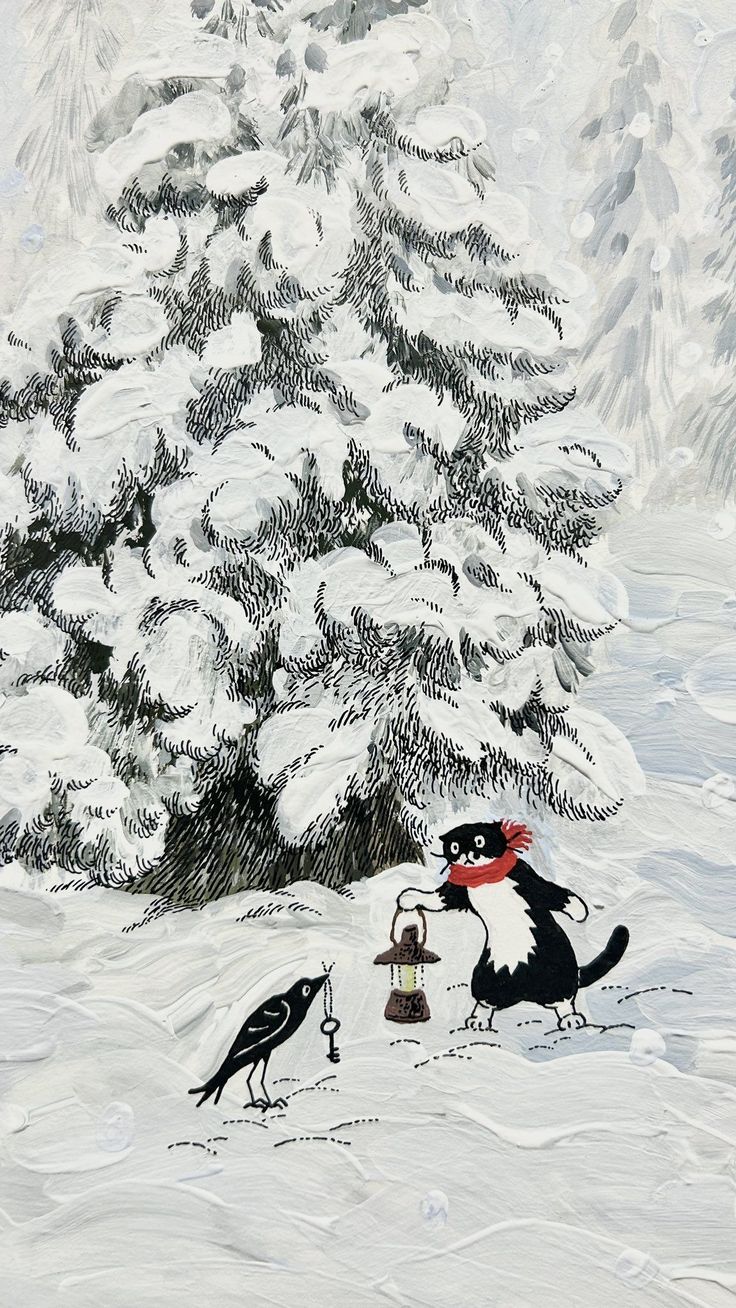 two birds are standing in the snow next to a pine tree and one bird is eating from a feeder