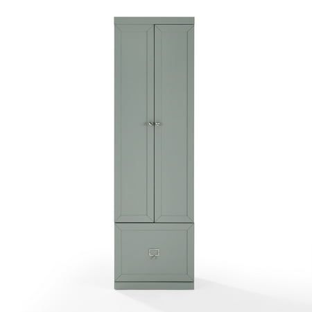 a tall gray cabinet with two doors on the front and one door in the back