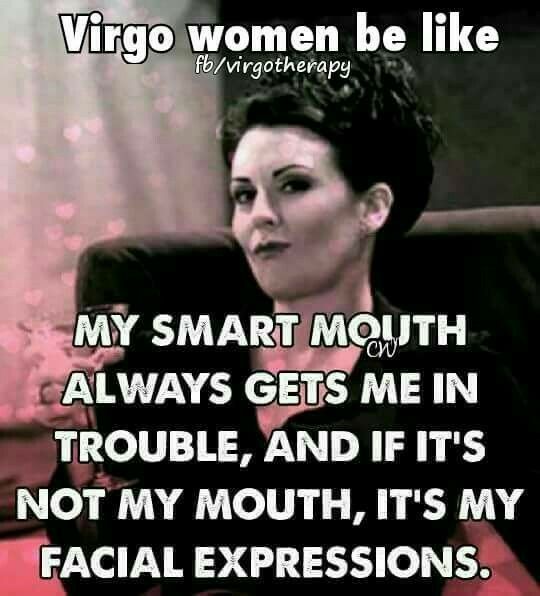 a woman sitting on top of a couch in front of a window with the words virgo women be like my smart mouth always gets me in trouble, and it's not my mouth