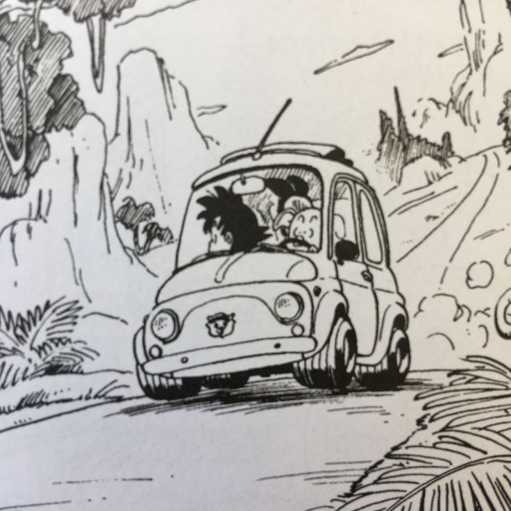 a drawing of a car driving down the road with two people in it's passenger seat