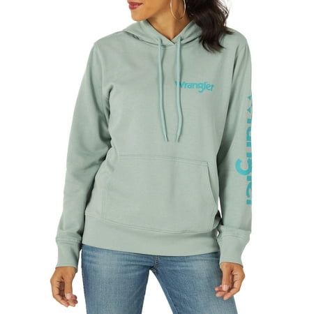 Ready to roast marshmallows by the fire? Be sure to grab this Long Sleeve Western Logo Hoodie from Wrangler to stay extra warm and cozy. Made with a warm cotton blend, this traditional womens hoodie has all the features you love including a warm and inviting kangaroo pocket, hoodie with drawstring for an adjustable fit, and ribbed cuffs on the sleeves. The vintage logo gives it an authentic cowboy vibe and the regular fit gives you plenty of snuggle room. Pair with your favorite sweats or jeans to complete the look. Size: S.  Color: Green.  Gender: female.  Age Group: adult. Wrangler Hoodie, Western Logo, Retro Jeans, Kids Outerwear, Retro Logo, Girls Jeans, Outerwear Women, Women's Tops, Long Sleeve Hoodie