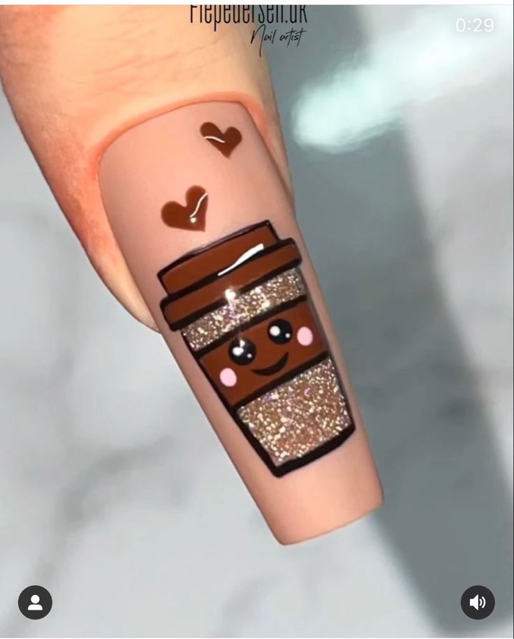 Coffee Cup Nail Art, Starbucks Nail Art, Coffe Nail Ideas, Coffee Inspired Nails, Coffee Nails Designs, Starbucks Nails, Elephant Nails, Chocolate Nails, Printable Nail Art