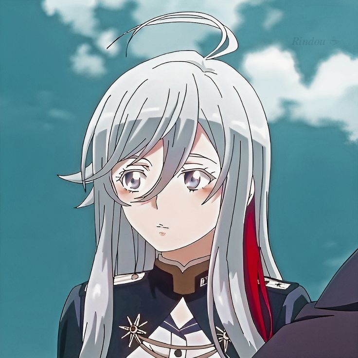 an anime character with long white hair and blue eyes, standing in front of clouds