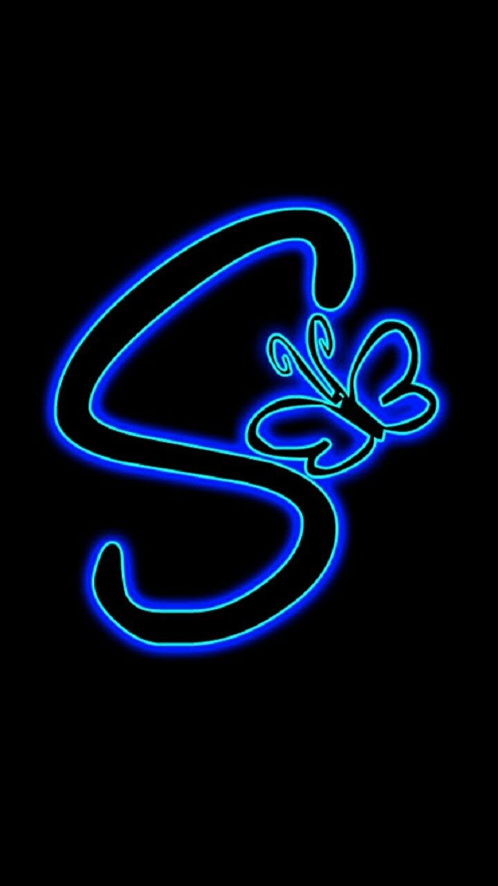 the letter s is lit up in blue and black with an image of a butterfly on it