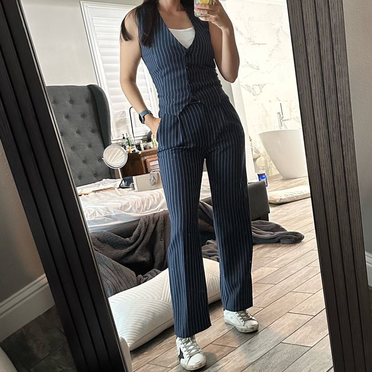 Pin Striped Navy Blue Vest And Pants Set. Worn 1 Time Vest And Pants Set, Striped Set, Navy Blue Vest, Vest And Pants, Blue Vest, Jumpsuit Trousers, Pants Color, Abercrombie Fitch, Pants Set