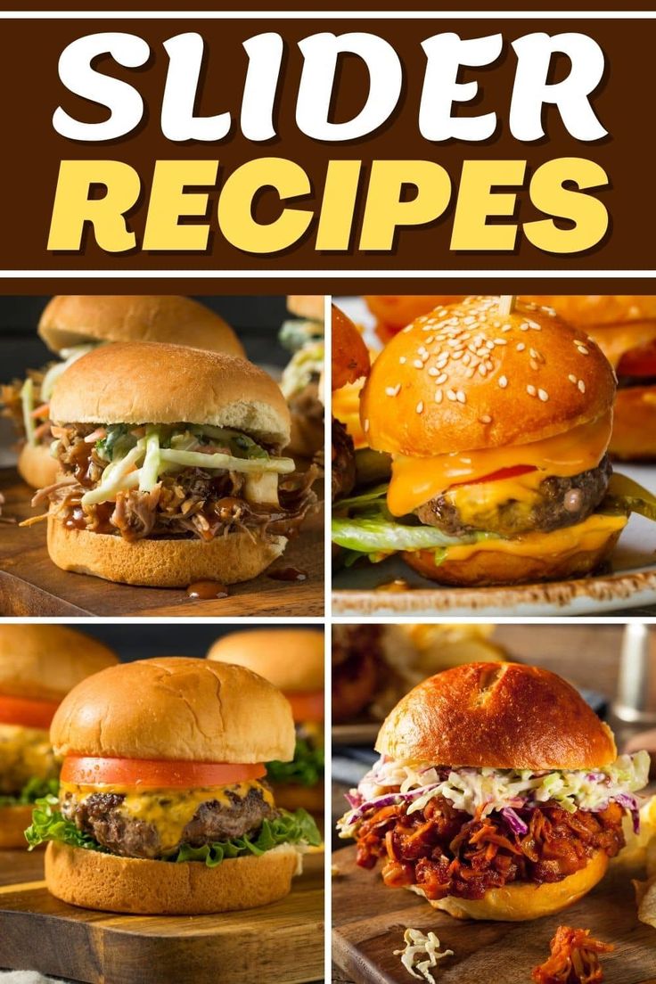 slider sandwiches with different toppings on them and the words slider recipes below