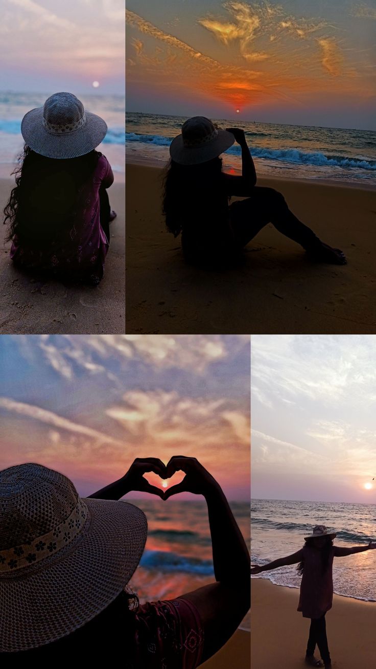 four different pictures of two people sitting on the beach making a heart with their hands