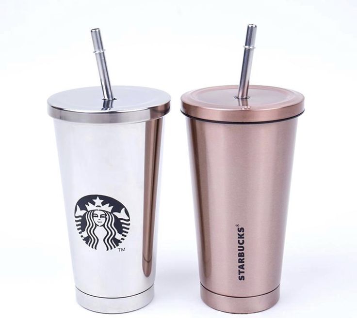 two starbucks cups with lids and straws are shown side by side on a white background