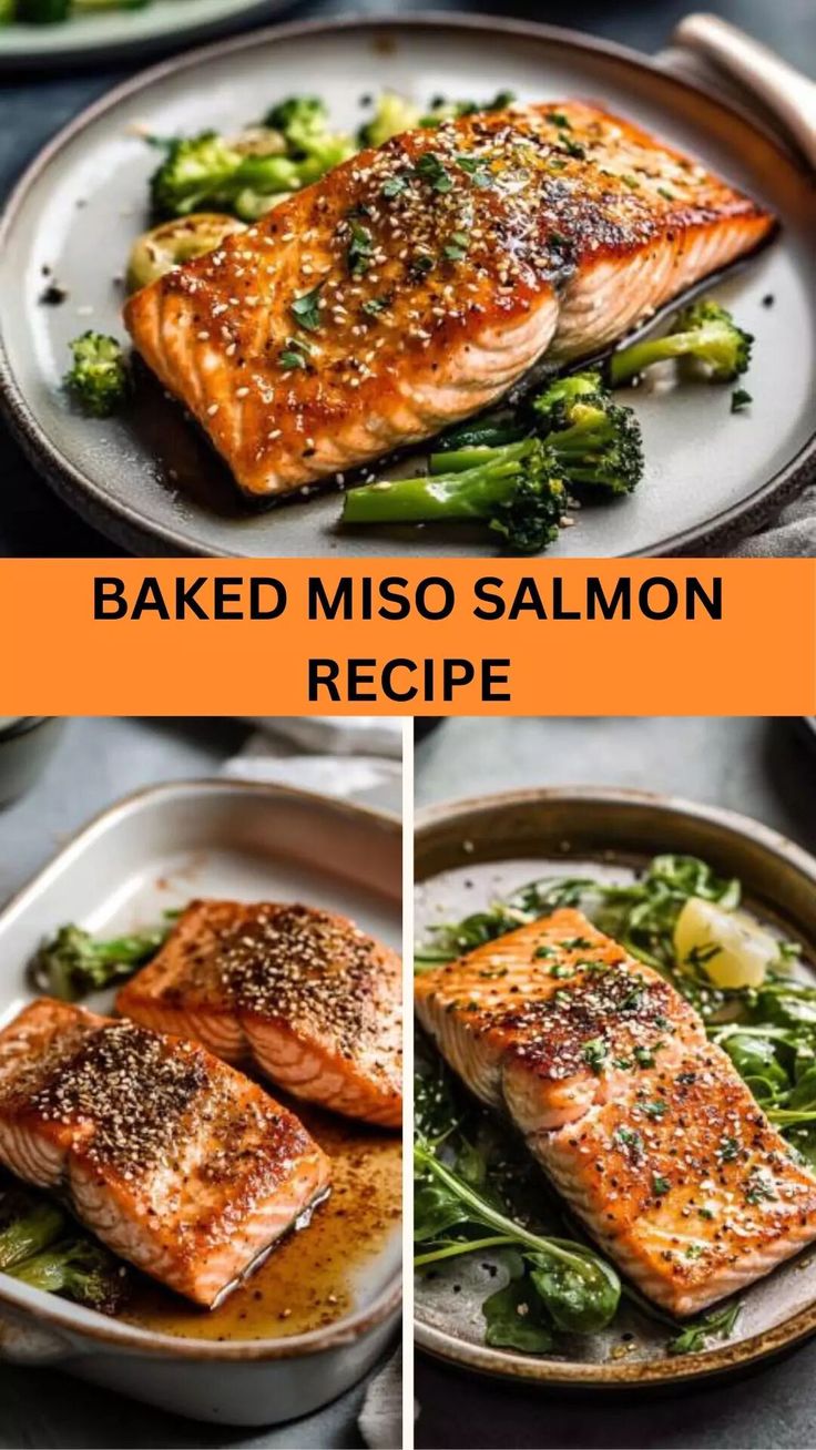 baked miso salmon recipe with broccoli and asparagus on the side