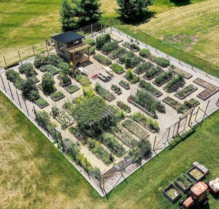 an aerial view of a vegetable garden