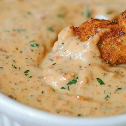 a white bowl filled with some kind of sauce and fried chicken on top of it