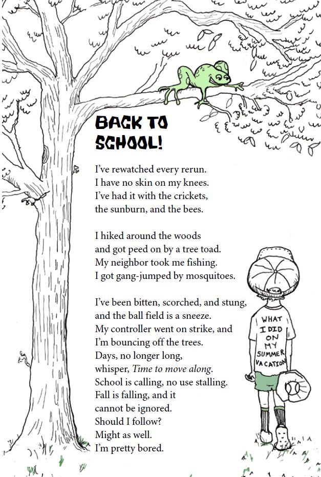 the back to school poem with a tree and a boy standing in front of it