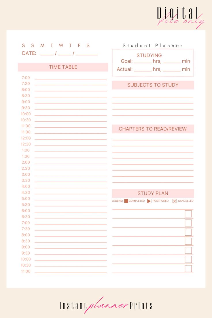 a pink and white printable student planner with the text,'study plan '