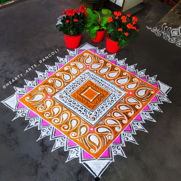 a colorful design on the ground with potted plants