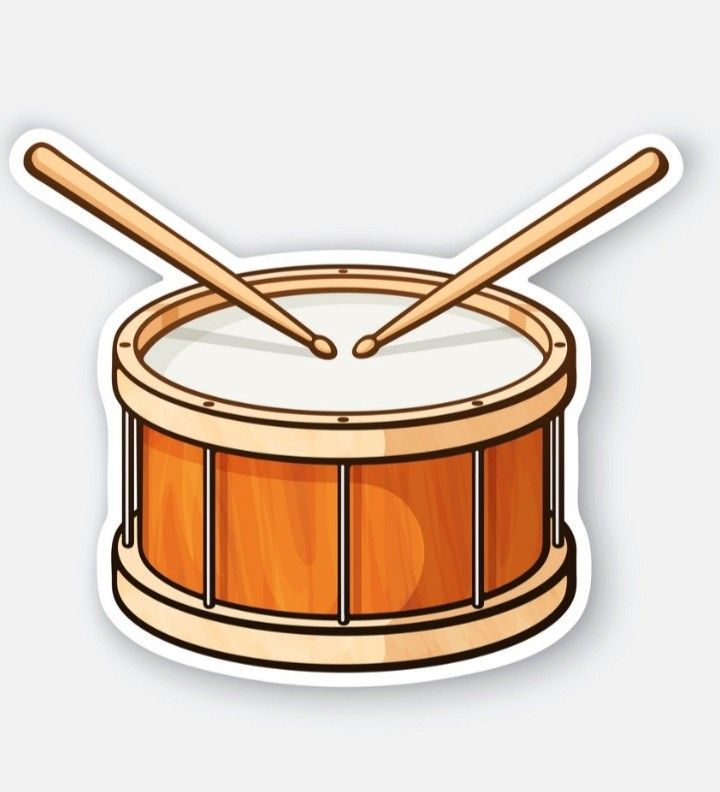 a sticker of a drum and two drumstickers on a white background with shadow