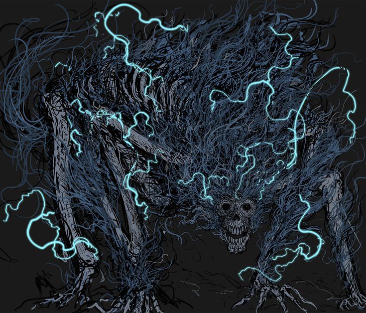 a drawing of a monster with blue lights coming out of it's mouth