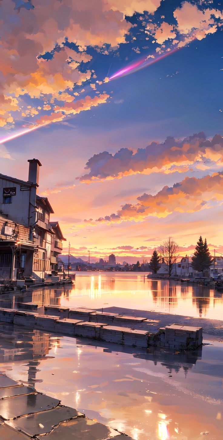 the sun is setting over a lake with houses on it and water in front of them