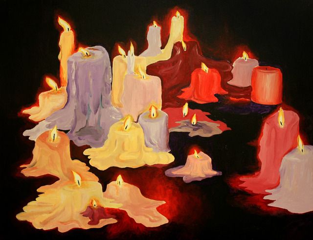 a painting of many lit candles on a black background