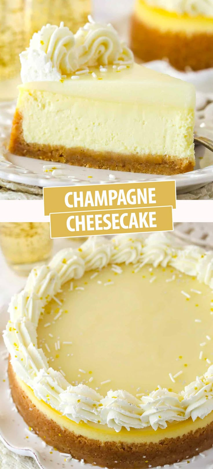 two pictures of cheesecakes with the words champagne cheesecake on top and bottom