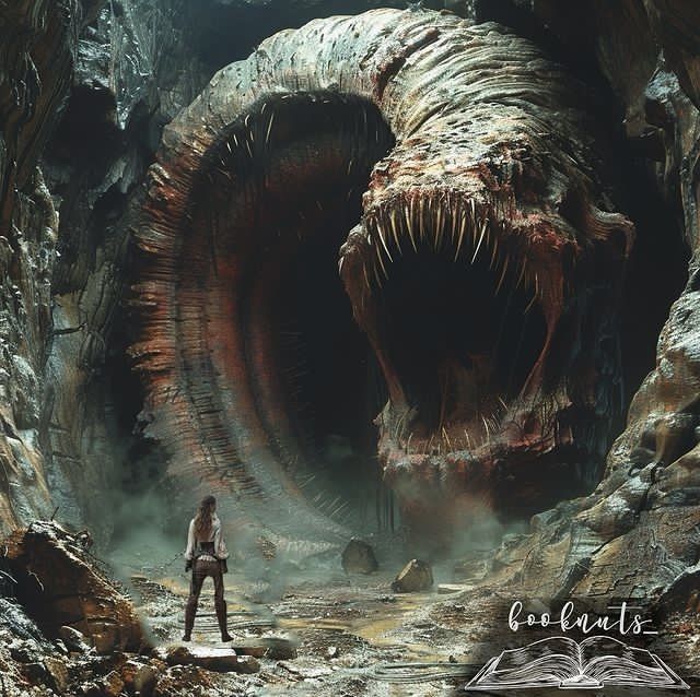 a man standing in front of a giant monster like creature with its mouth wide open