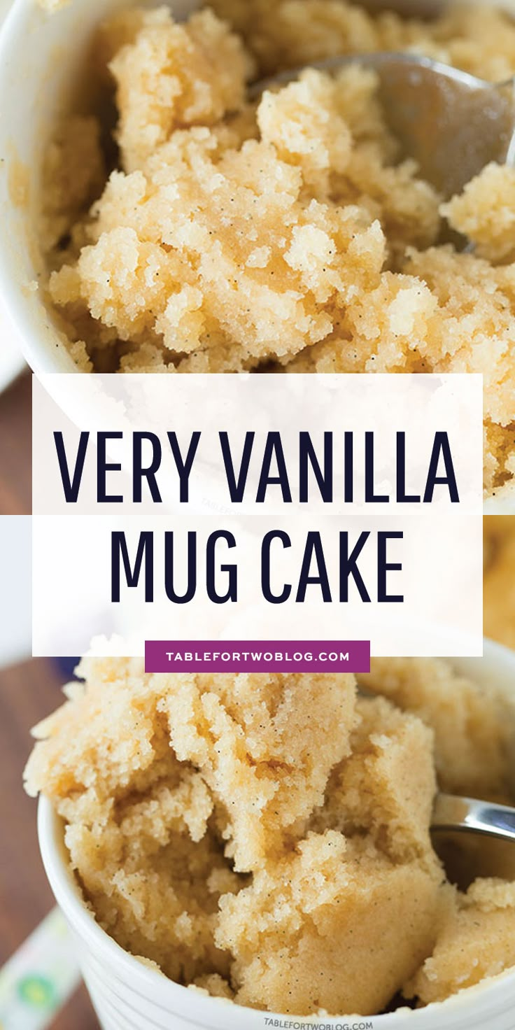 very vanilla mug cake in a small white bowl with a spoon on top and text overlay that reads very vanilla mug cake