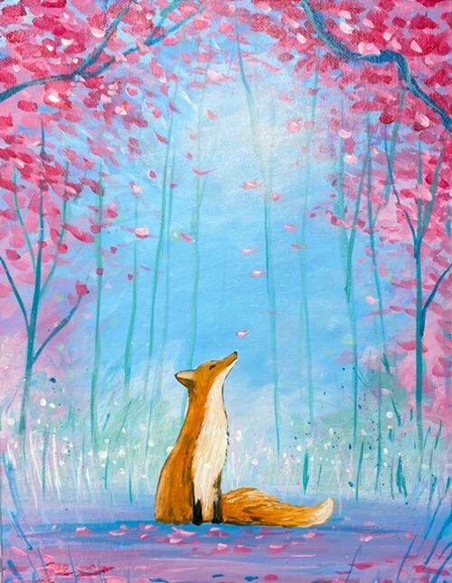 a painting of a red fox sitting in the middle of a forest with pink flowers