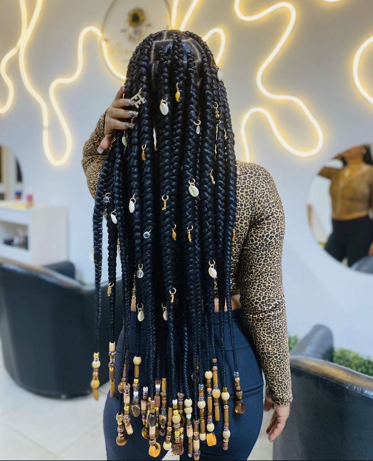 Braids With Accessories Black Women, Knotless Box Braids With Beads, Jumbo Boho Knotless Braids, Box Braids With Beads, Box Braids Knotless, Birthday Hairstyle, Braids Hairstyles For Black Women, Jumbo Knotless, Plait Styles