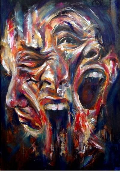 a painting of two faces with their mouths open