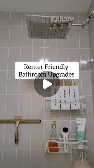 a bath room with a shower head and shelves