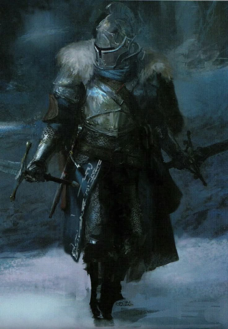 a painting of a man in armor walking through the snow with two swords on his shoulder