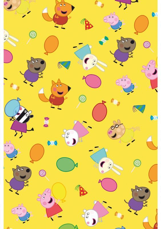 peppa pig wallpaper with balloons and other cartoon characters on yellow background for kids's room