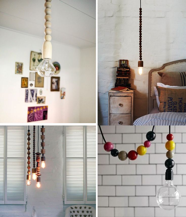 three different pictures with lights hanging from the ceiling and on the wall, in various rooms