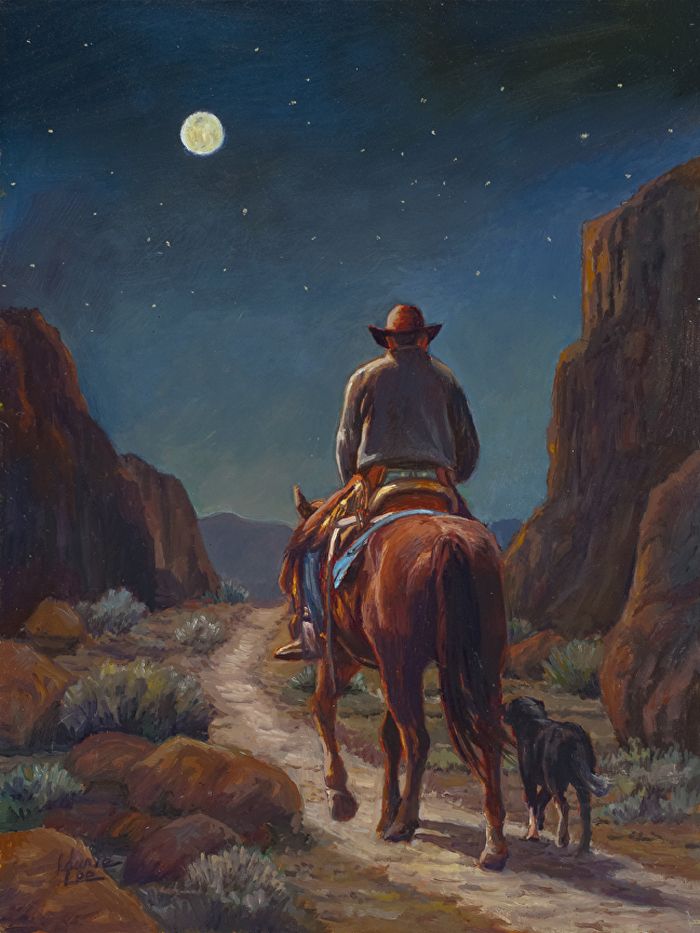 a painting of a man riding on the back of a horse next to a dog