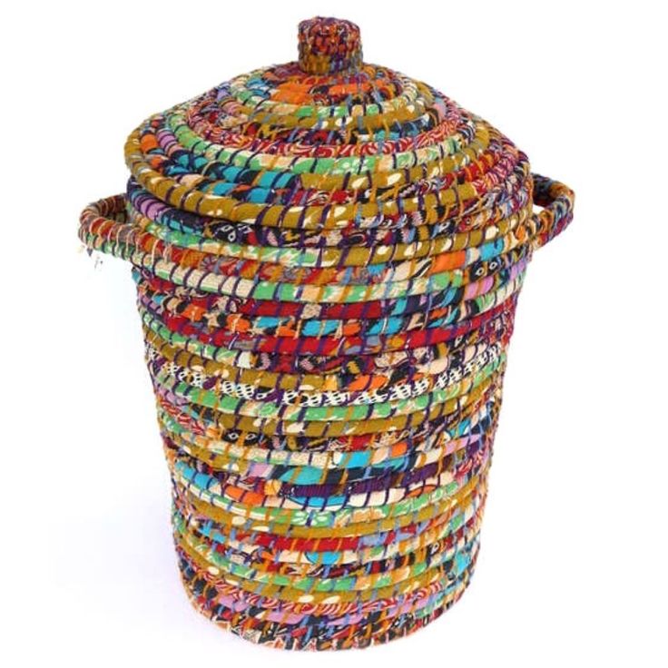 multicolored basket with lid on white background