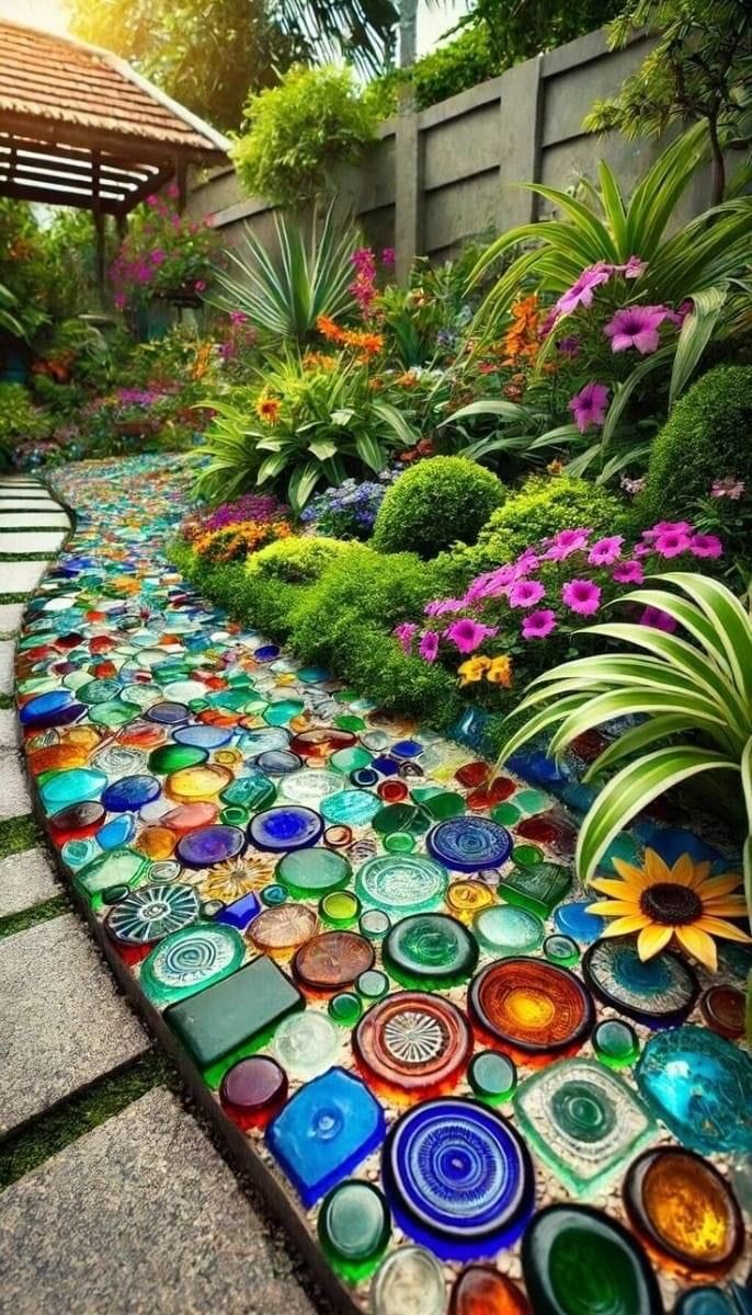 a garden filled with lots of colorful flowers and glass bottles on top of the ground