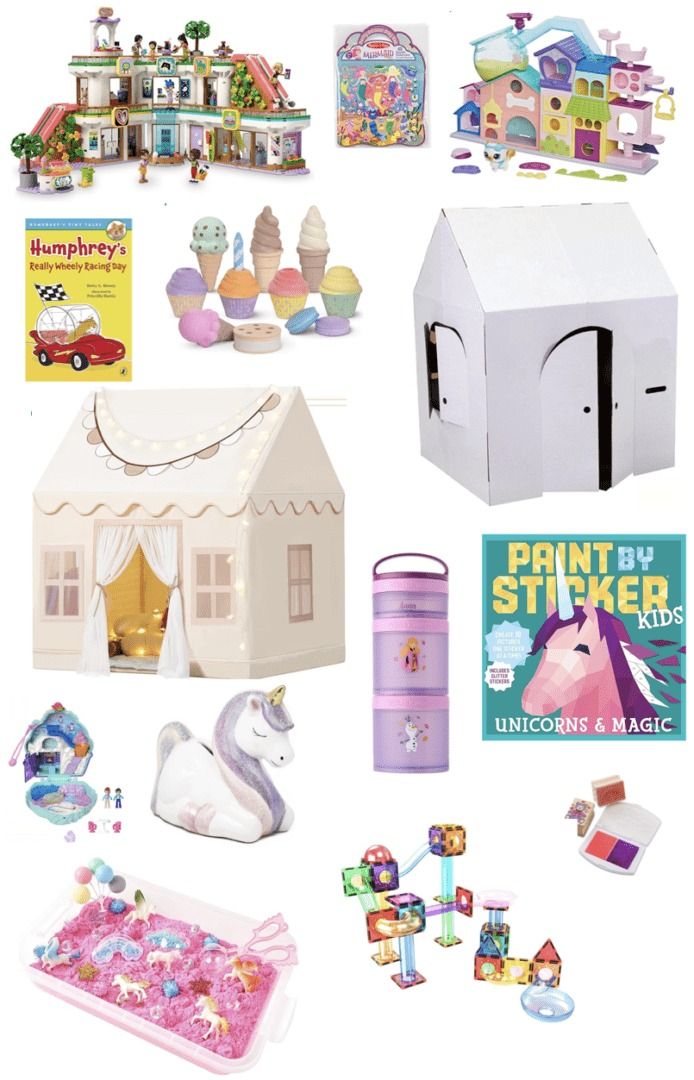 the contents of a play set including toys, books and other items are arranged on a white background