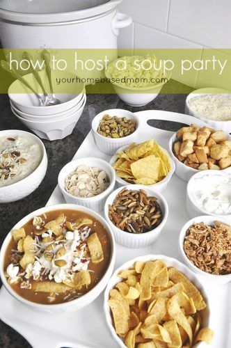 Everything you need to know on How to Host a Soup Party. It’s quick and easy and your guests will love it. Hosting a soup party has been a tradition of ours for years. We usually do it on New Year’s Eve but it can be done any time of year. It’s also a great… Soup Party Ideas, Soup Swap, Soup Party, Party Entrees, Soup Bar, Christmas Soup, Progressive Dinner, Food Bars, Potluck Party