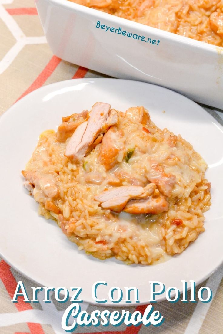 a white plate topped with chicken and rice covered in gravy next to a casserole dish