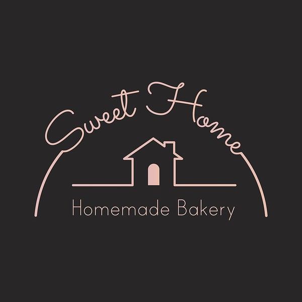 the logo for sweet home, a homemade bakery that is open to business and has pink lettering