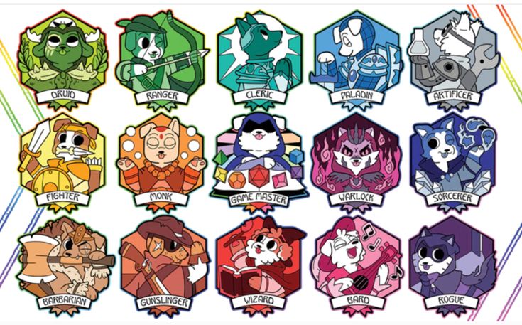 an assortment of cartoon character badges with different colors and designs on them, including one for each