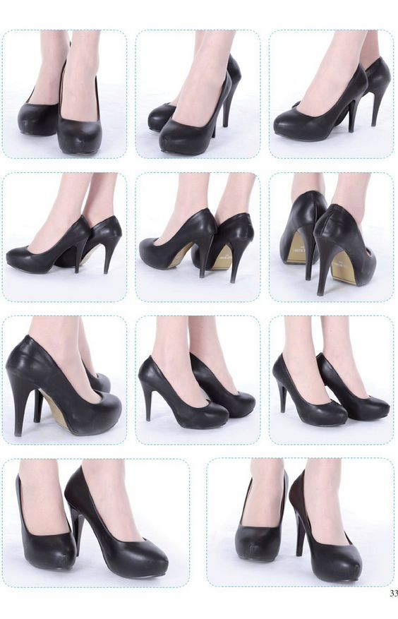 nine pairs of women's high heeled shoes with different angles and sizes, all in black leather