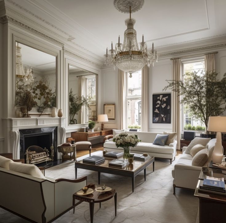 a living room filled with furniture and a fire place