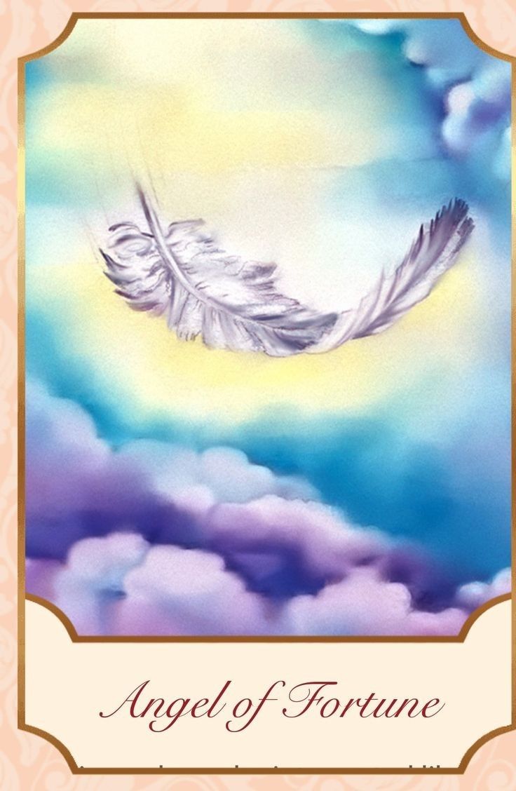 the angel of fortune card with an image of a feather flying in the sky above clouds