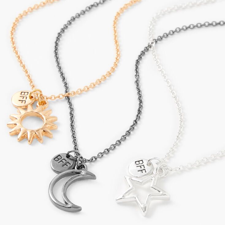 Claire's Best Friends Mixed Metal Cosmic Pendant Necklaces - 3 Pack Necklace For 3 Friends, Necklaces For 3 Friends, Three Way Best Friend Necklaces, Matching Jewelry For 3 Best Friends, 3 Friendship Necklaces, Necklace For Friends, Best Friend Jewelry For 3, Three Best Friends Necklace, Trio Friendship Necklace