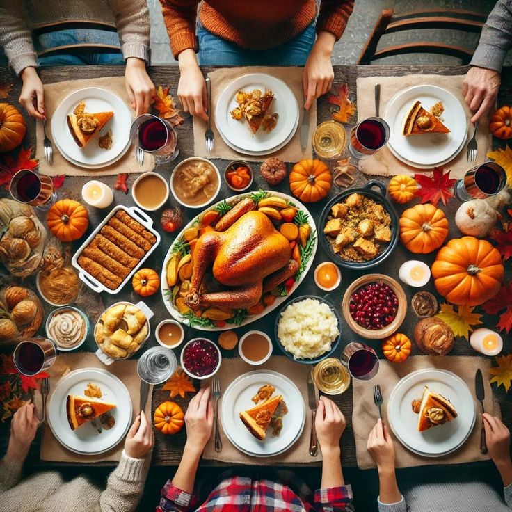 people sitting at a table with thanksgiving food