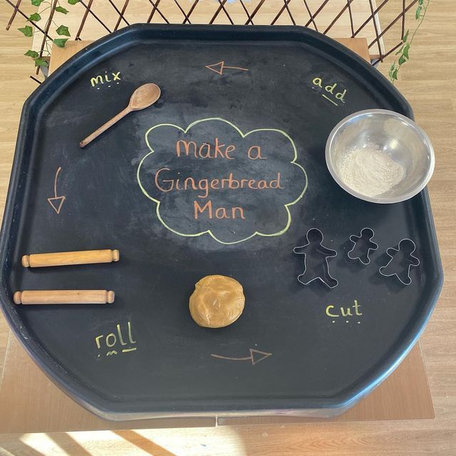 a black tray with writing on it that says make a gingerbread man and cookies