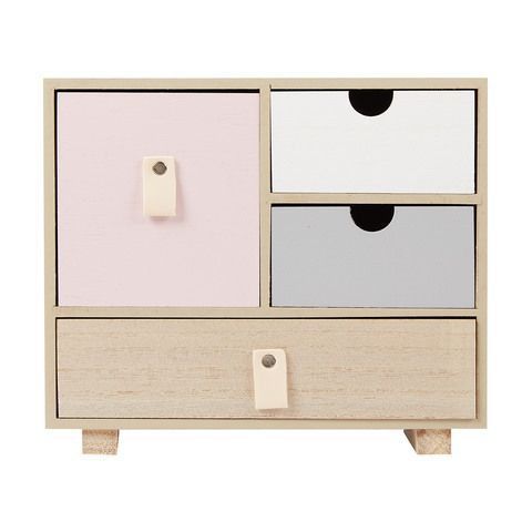 a wooden cabinet with two drawers and one door on each side, painted pink and grey