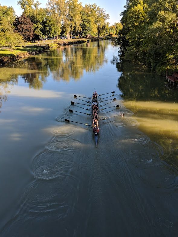 a group of rowers in the middle of a river with trees and water around them